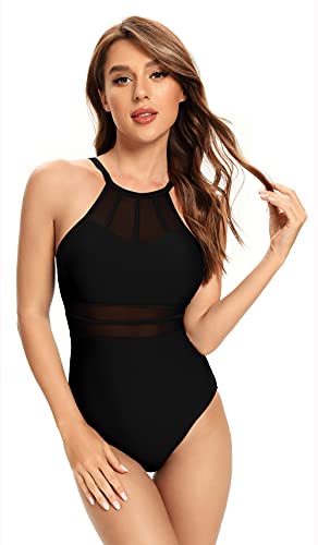 SHEKINI Damen Einteiliger Badeanzug Retro Masche-Design Verstellbar Rückenfrei Slim Bauchweg Bademode High Neck Einteiliger Swimsuit（S, Schwarz）