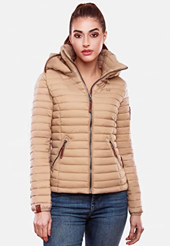 MARIKOO Damen Übergangsjacke Steppjacke mit abnembarer Kapuze Löwenbaby Taupe Gr. M