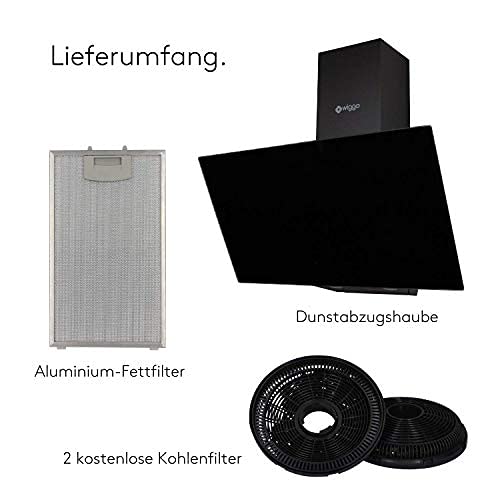 Wiggo Dunstabzugshaube 60cm kopffrei I Abluft Umluft Dunstabzug 300m³/h - LED Touch-Display 3 Stufen I Schräghaube inkl. Fettfilter & 2x Kohlefilter I Abzugshaube mit Glasfront schwarz