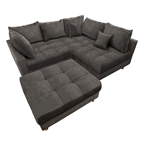 riess-ambiente.de Moderne Ecksofa Kent 220cm grau Samt Sofa Federkern inkl. Hocker und Kissen Wohnlandschaft Couch Eckcouch