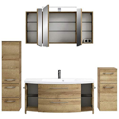 Lomadox Badmöbel Komplett Set, Eiche Riviera, 120cm Spiegelschrank mit LED Beleuchtung, 121cm Waschtisch-Unterschrank mit Waschbecken, Hochschrank, Highboard, Schubladen & Türen mit Softclose