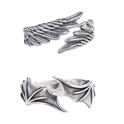 BYNYXI Engel Teufel Paar Ringe, 1 Paar Ring Verstellbar Partnerring 925 Sterling Silber Ring Feder Ring Personalisierte Ringe Engel Flügel Teufels Ringe Vintage Offener Ring Schmuck für Damen Herren