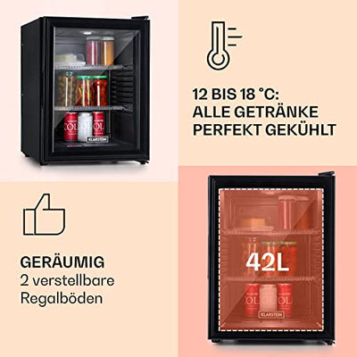 Klarstein Brooklyn Kühlschrank, Mini-Kühlschrank für Zimmer & Büro, Kühlschrank für Getränke Snacks & Kosmetik, Leiser Getränkekühlschrank, Mini Kühlschrank mit Glastüre, Minibar 12-18°C, 42 L