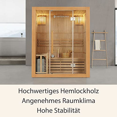 Artsauna Saunakabine Tampere mit 4,5 KW Ofen — Sauna 150 x 110 x 190 cm mit Glasfront, LED-Beleuchtung, Thermometer & Sanduhr — Kabine aus Hemlockholz