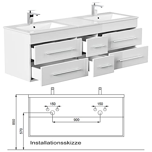 Lomadox Badezimmermöbel Set Hochglanz weiß NEWLAND-02 Waschtisch 153cm mit 2 Waschbecken, LED-Spiegel, B/H/T ca. 208/185/47 cm