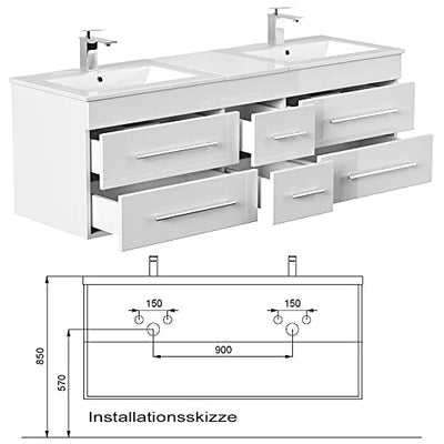 Lomadox Badmöbel Komplett Set, Hochglanz weiß, 151 cm Waschtisch-Unterschrank, 2 Waschbecken, LED-Spiegel, 2 Hochschränke