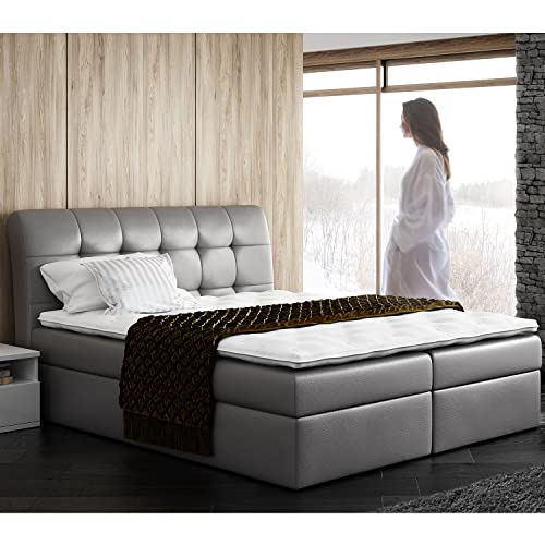 MKS MEBLE Boxspringbett Doppelbett - Polsterbett mit Multipocket-Matratze und Topper - Kunstlederbett mit Bettkasten - Grau Stauraumbett - H3 -DIEGOS