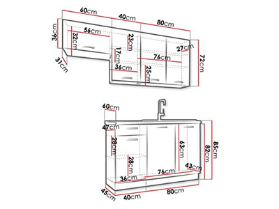 Küche Lakard II 120/180 cm, Küchenblock/Küchenzeile, 5 Schrank-Module frei kombinierbar, Arbeitsplatte im Set, Metallbox (Asche/Artisan + Graues Graphit + Schwarzer Stein, mit LED Beleuchtung)