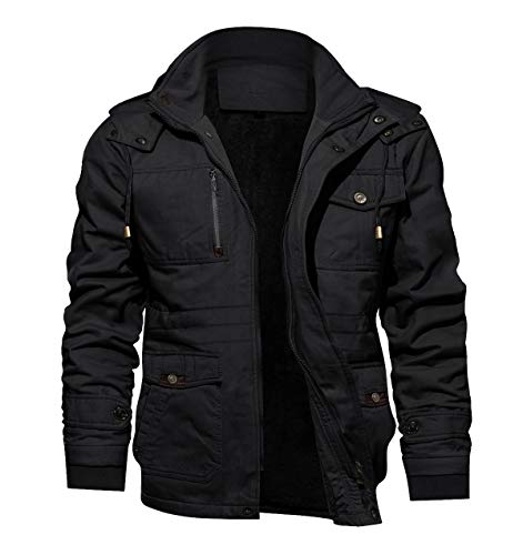 MAGCOMSEN Herren Winterparka Herrenjacke Warm Fleece Jacke Atmungsaktiv für Herren Gefüttert Mantel Outdoor Bomberjacke mit Abnehmbarer Kapuze Schwarz L