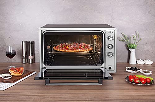 ICQN 60 Liter XXL Minibackofen, 1800 W, Umluft, Pizza-Ofen, Doppelverglasung, Drehspieß, Timer, inkl. Backblech Set, Elektrischer Mini Ofen, 40°-230°C, Emailliert, Inox Grau