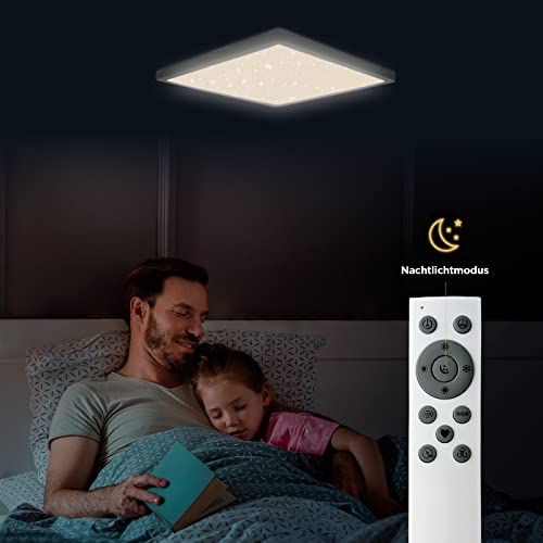 LED Deckenleuchte Sternenhimmel, 24W dimmbare Deckenlampe, 6-farbige Hintergrundbeleuchtung RGB mit Fernbedienung, 3000K-6500K, IP54, ultradünnes quadratisches Panel für Schlafzimmer/Bad/Flur/Küche