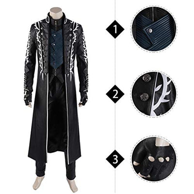 Rubyonly DMC 5 Game Vergil Cosplay Vest Herren Jacken Halloween-Kostüm für Kinder Erwachsene Anime Kunstleder-Mantel Ganze ohne Stiefel,XL