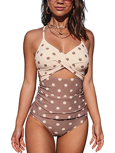 CUPSHE Damen Tankini Set Crossover Cut Out Tankini Bademode Wickeloptik Low Waist Punktemuster Zweiteiliger Badeanzug Swimsuit Mehrfarbig XL