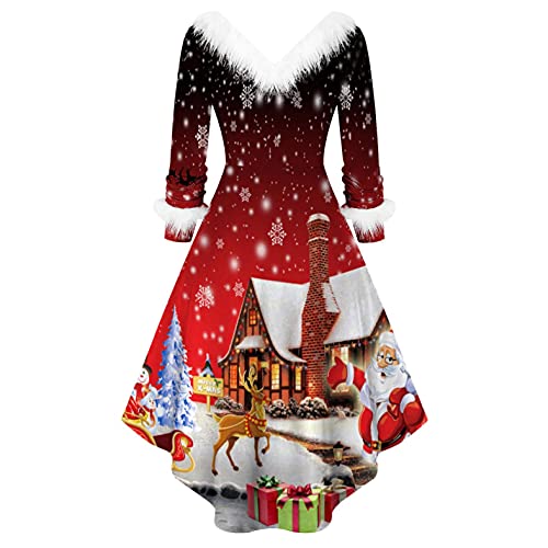 Weihnachtskleid Damen mit Plüsch Kragen Elegant Abendkleider Weihnachtskostüme Damen für Weihnachtsfeier Swing Plisseekleid Knielang A-Linie Cocktailkleid für Silvester Karneval