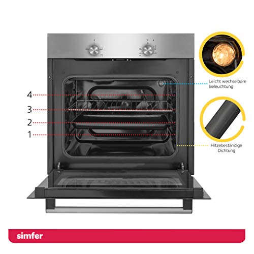 Simfer Einbau-Backofen 60 cm BO 6019, 62 L, 3 Funktionen, Backraumbeleuchtung, 2-fach Verglasung, Emaillierter Garraum, Kühlgebläse, 2 Jahre Garantie