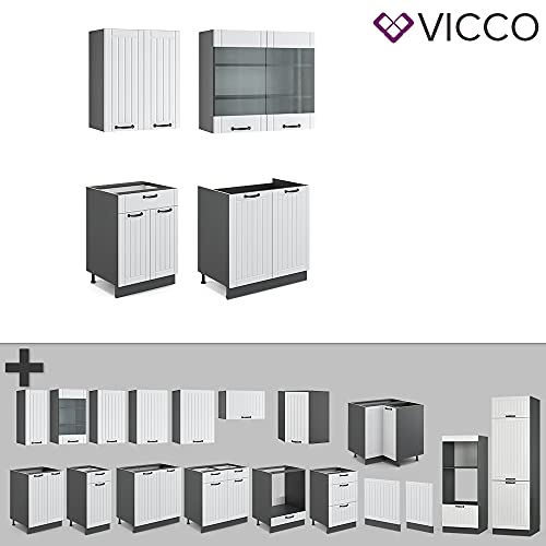 Vicco Küchenzeile Single Einbauküche Landhaus 140 cm Küchen Fame-Line (Anthrazit/Weiß)