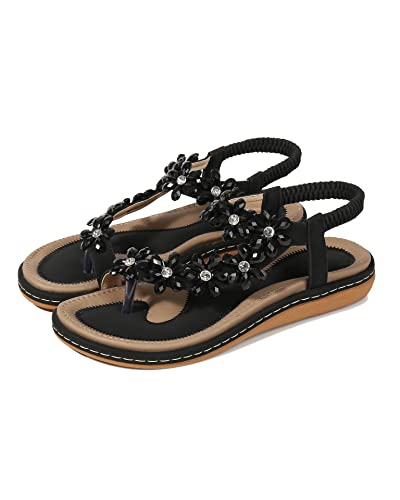 Amissz Damen Sommer Sandalen Bohemian Strass Flach Sandaletten Sommer Strand Schuhe Damen Zehentrenner (Schwarz, 36 EU)