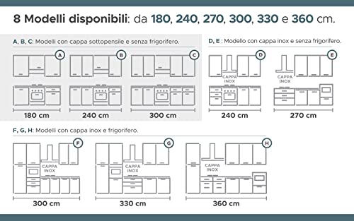 Küche komplett mit Haushaltsgeräten (Backofen, Waschbecken, Dunstabzugshaube) geradliniges Design - Lärche Weiß, Eiche - Maße: 360 x 60 x 240 cm - Ofen rechts