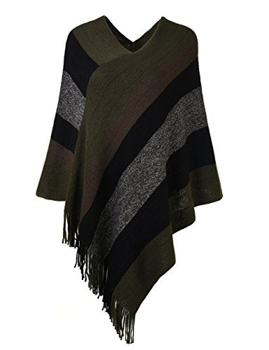 Ferand Gestreift Gestrickter Poncho Schal im Wickeldesign mit gefransten Seiten für Frauen, Grün & Schwarz