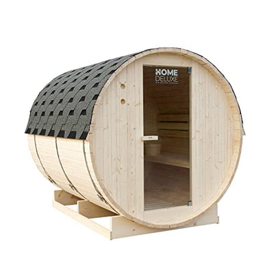 HOME DELUXE - Outdoor Fasssauna LAHTI XL - Maße: BxTxH: ca. 195 cm x 192 cm x 220 cm, Holz: Fichtenholz - inkl. Elektroofen und kompl. Saunazubehör I Gartensauna, Außensauna, Sauna für 6 Personen