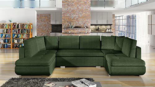 MKS MEBLE Ecksofa - U-Form Sofa Mit Schlaffunktion - Wohnlandschaft - Ausklappbar Bettsofa - Wohnzimmer U Couch - Polstersofa mit Bettkasten - Argent U - Grün Malmo