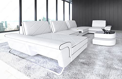 Wohnlandschaft Bari in Leder mit USB-Anschluss Steckdosen Sofa mit Kopfstützen Ledersofa Designersofa U Form Couch (Ottomane Links (auf Sofa blickend), Weiss-Schwarz)