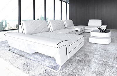 Wohnlandschaft Bari in Leder mit USB-Anschluss Steckdosen Sofa mit Kopfstützen Ledersofa Designersofa U Form Couch (Ottomane Links (auf Sofa blickend), Weiss-Schwarz)