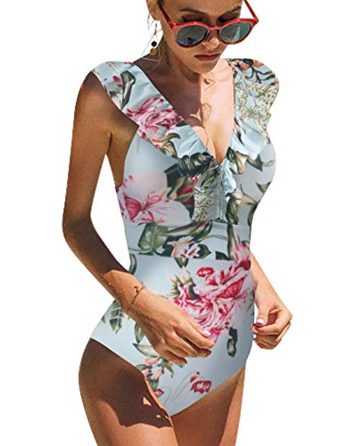 heekpek Damen Badeanzug V-Ausschnitt Bikini Einteiliger Badeanzug Sexy Rüschen Figurformend Strandbekleidung Bedruckt Vintage High Waist Bikini Monokini Damen