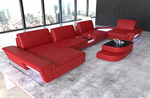 Ledersofa Ferrara als U-Form Wohnlandschaft mit USB Beleuchtung Sofa mit Kopfstützen Designersofa Couch (Ottomane Links, Rot-Schwarz)