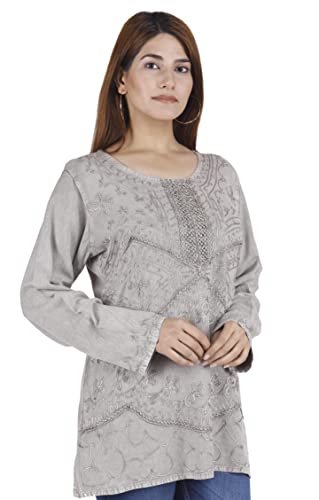 GURU SHOP Bestickte Indische Hippie Langarm Tunika, chic Bluse, Damen, Beige, Synthetisch, Size:40, Blusen & Tunikas Alternative Bekleidung