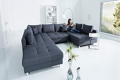 invicta INTERIOR Moderne XXL Wohnlandschaft Kent 303cm anthrazit grau Federkern mit Schlaffunktion Sofa inkl. Hocker und Kissen Schlafsofa Eckcouch