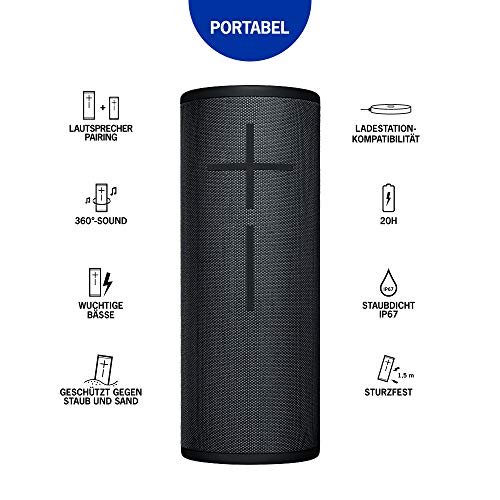 Ultimate Ears Megaboom 3 Tragbarer Bluetooth-Lautsprecher, 360° Sound, Satter Bass, Wasserdicht, Staubresistent & Sturzfest, One-Touch-Musiksteuerung, 20-Stunden Akkulaufzeit - Schwarz