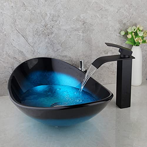 YFQHDD Gehärtetes Glas Handgemalte Wasserfall Sput Basin Black Tap Badezimmer Waschbecken Waschbecken Bad Messing Set Wasserhahn Mischer Taps