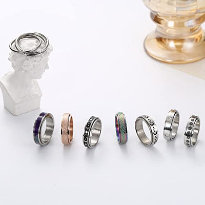 Adramata 8Pcs Fidget Ring für Damen Herren Edelstahl Ringe für Anti Stress Zapple Spinner Band Ringe Set Fidget Anxiety Ring Spinning Angst Ringe für Anti Stress