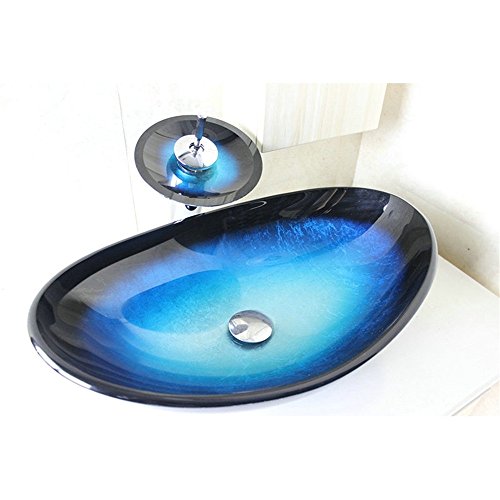 HomeLava Modern Hartglas-Waschbecken Set Glas Oval Blau Schwarz mit Wasserfall-Wasserhahn, Abfluss und Montagering