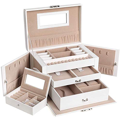 SONGMICS Schmuckkasten, Schmuckkästchen mit 2 Schubladen, abschließbarer Schmuck-Organizer mit Spiegel, herausnehmbare Reise-Box, für Ringe, Armbänder, Ohrringe, Samtfutter, weiß JBC121W