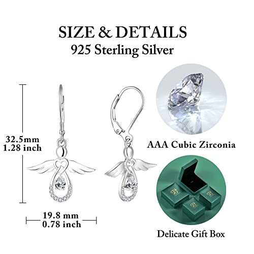 FJ Damen Schutzengel Ohrringe 925 Sterling Silber Engel Hängend Ohrringe Weiß Zirkonia April Geburtsstein Ohrringe Schmuck Geschenke für Frauen Mädchen