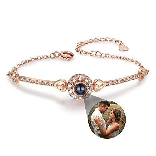 kaululu Personalisierte Armbander mit Foto Projektion Bild Herz Anhänger für Damen Versilbert Rosegold Schmuck Geschenk für Mutter und Tochter Frauen Frau Muttertag Weihnachtstag