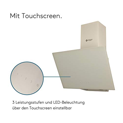 Wiggo Dunstabzugshaube 60cm kopffrei I Abluft Umluft Dunstabzug 300m³/h - LED Touch-Display 3 Stufen I Schräghaube inkl. Fettfilter & 2x Kohlefilter I Abzugshaube mit Glasfront creme