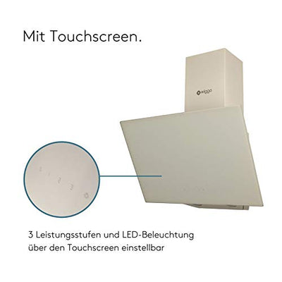 Wiggo Dunstabzugshaube 60cm kopffrei I Abluft Umluft Dunstabzug 300m³/h - LED Touch-Display 3 Stufen I Schräghaube inkl. Fettfilter & 2x Kohlefilter I Abzugshaube mit Glasfront creme