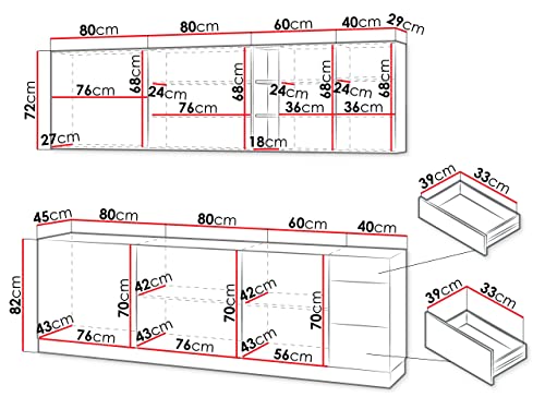 Küche Eurybia 260 cm, Küchenblock/Küchenzeile, 8 Schrank-Module frei kombinierbar, Arbeitsplatte im Set, Metallbox (Weiß/Eiche Burlington/Grau Platin/Piemonte, mit LED Beleuchtung)