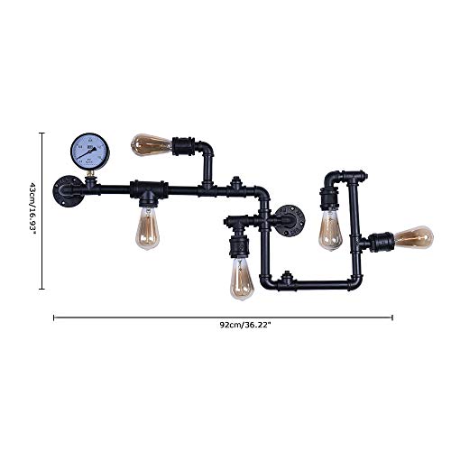 Lingkai Vintage Industrial Retro Wasserpfeife Wandlampe mit fünf Edison Lichtquellen Steampunk Wandleuchte in schwarzem Fertig, Glühbirnen nicht enthalten