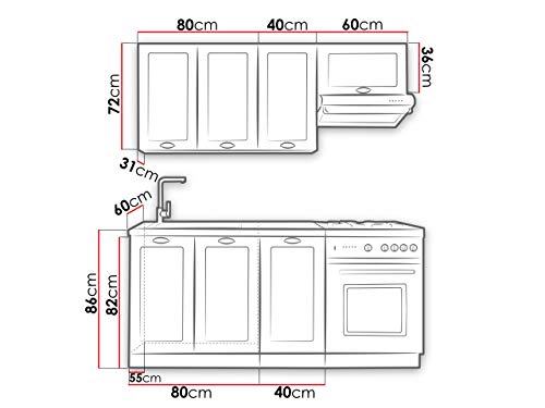 Küche Monit II 180/120 cm, Küchenblock/Küchenzeile mit Arbeitsplatte, Gedämpftes Schließsystem, 5 Schrank-Module frei kombinierbar (Weiß/Weiß Erbsen + Eiche Arlingrton, mit LED Beleuchtung)