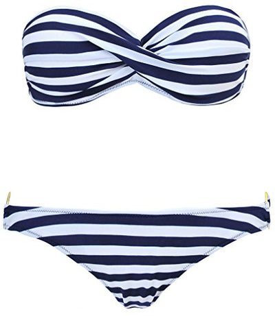 EUDOLAH Damen Bandeau Padded Bikini-Set Trägerlosen Badeanzug Push Up (M, A-Blaue Streifen)