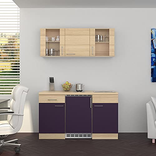 ALIDAM KüChenunterschrank Miniküche Mit Kühlschrank Mini Küchenzeile Singleküche Kochplatte 150 cm Aubergine KüChenblock