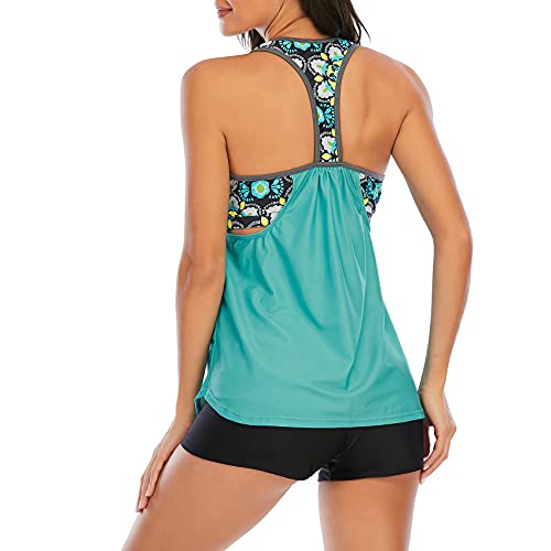 Durio Tankini für Damen Tankini Damen Bauchweg Bademode Top Bandeau Mit Hotpants Set Badeanzug Grün Blume 42-44