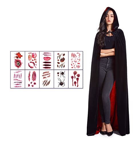 Ainkedin Halloween kostüm, Vampir kostüm, Schwarz Rot Cape 150 cm, 10 gruselige Tattoo-Aufkleber, Unisex Rollenspiel für Erwachsene faschingskostüme Mittelalter