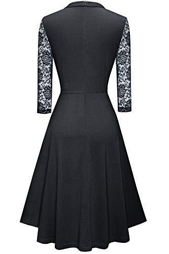 HOMEYEE Damen Elegant Hollow Out Spitzenärmel Swing Plissee Party Cocktailkleid A234 (S, Schwarz)