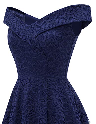 Homrain Damen Elegant Spitzenkleid Schulterfrei Rockabilly Kleid Schwingen Cocktail Abendkleider Brautjungfernkleider für Hochzeit Navy M