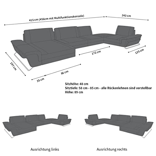 Wohnlandschaft Bari in Leder mit USB-Anschluss Steckdosen Sofa mit Kopfstützen Ledersofa Designersofa U Form Couch (Ottomane Links (auf Sofa blickend), Weiss-Schwarz)